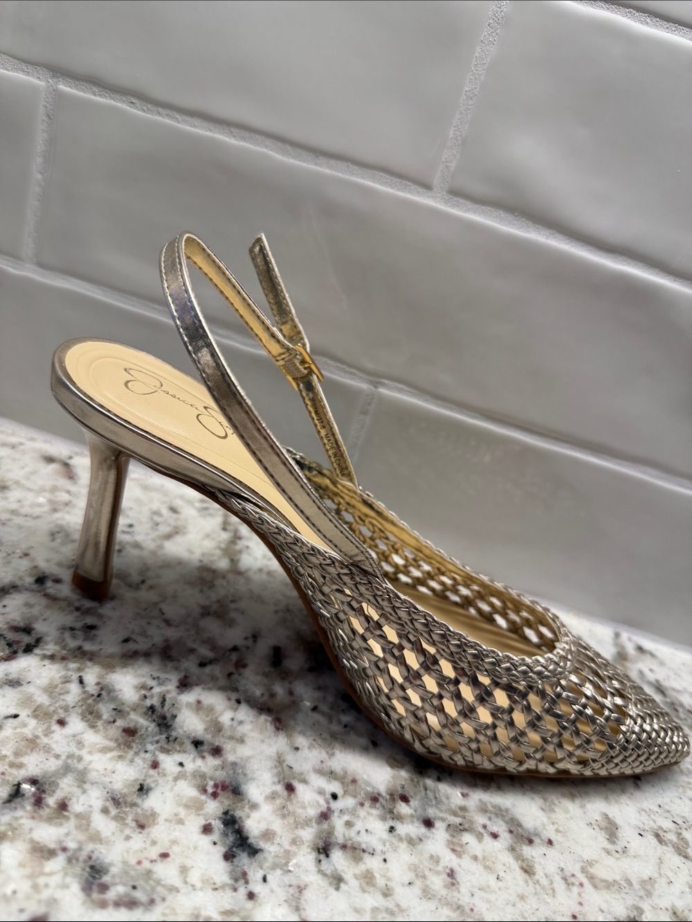 Jessica Simpson Gold Metallic Woven Slingback Heels - Picture 2 of 2